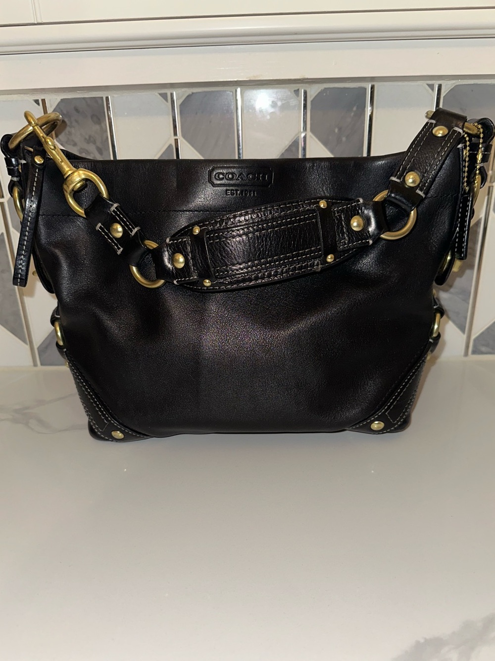 Coach Legacy Leather Shoulder Bag Black Glove Leather Brass Hardware Style 10615